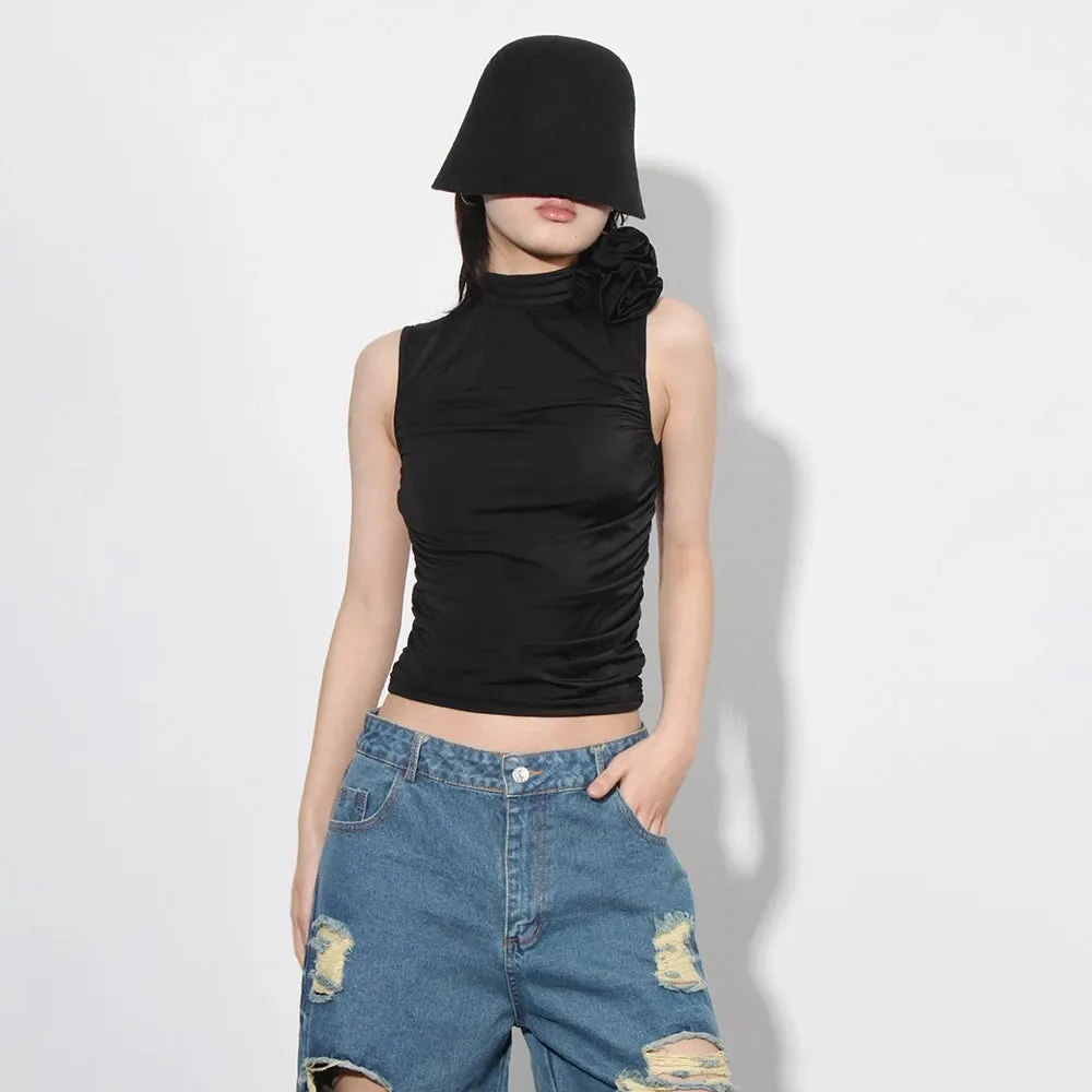 Solid Patchwork Folds Vest For Women Stand Collar Sleeveless Spliced Appliques Slimming Casual Vests Female Fashion