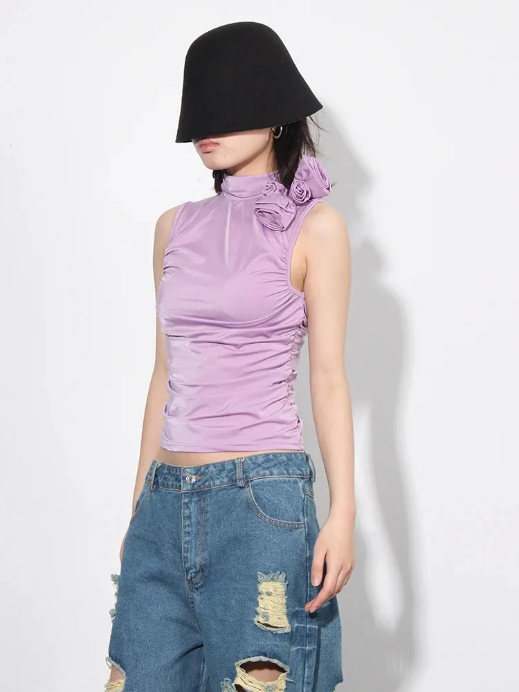 Solid Patchwork Folds Vest For Women Stand Collar Sleeveless Spliced Appliques Slimming Casual Vests Female Fashion