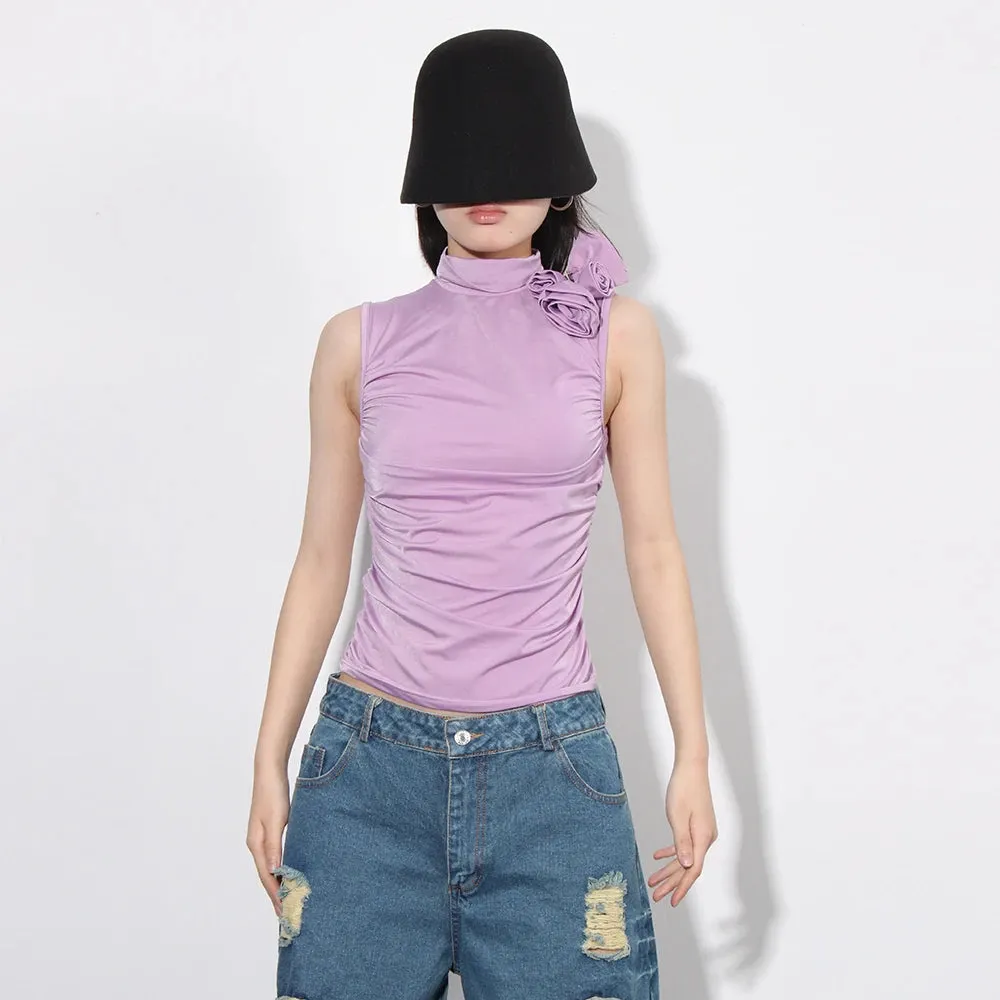 Solid Patchwork Folds Vest For Women Stand Collar Sleeveless Spliced Appliques Slimming Casual Vests Female Fashion