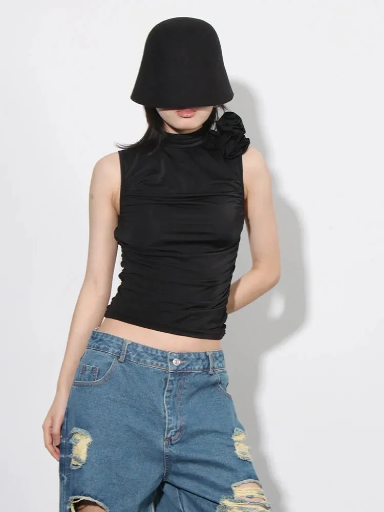 Solid Patchwork Folds Vest For Women Stand Collar Sleeveless Spliced Appliques Slimming Casual Vests Female Fashion