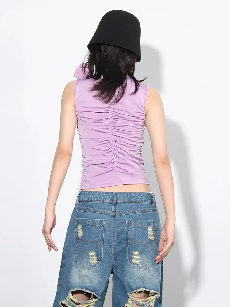 Solid Patchwork Folds Vest For Women Stand Collar Sleeveless Spliced Appliques Slimming Casual Vests Female Fashion