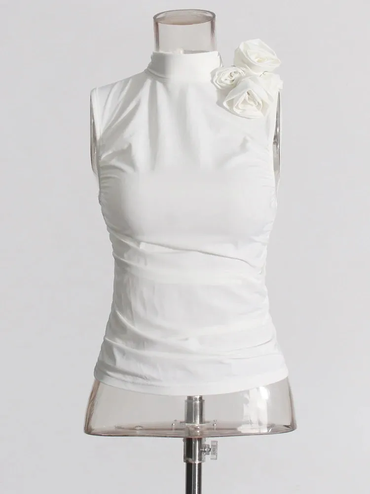 Solid Patchwork Folds Vest For Women Stand Collar Sleeveless Spliced Appliques Slimming Casual Vests Female Fashion