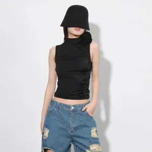 Solid Patchwork Folds Vest For Women Stand Collar Sleeveless Spliced Appliques Slimming Casual Vests Female Fashion