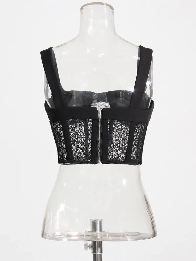 Solid Patchwork Lace Sexy Short Tank Tops For Women Square Collar Sleeveless Off Shoulder Minimalist Slimming Vests Female