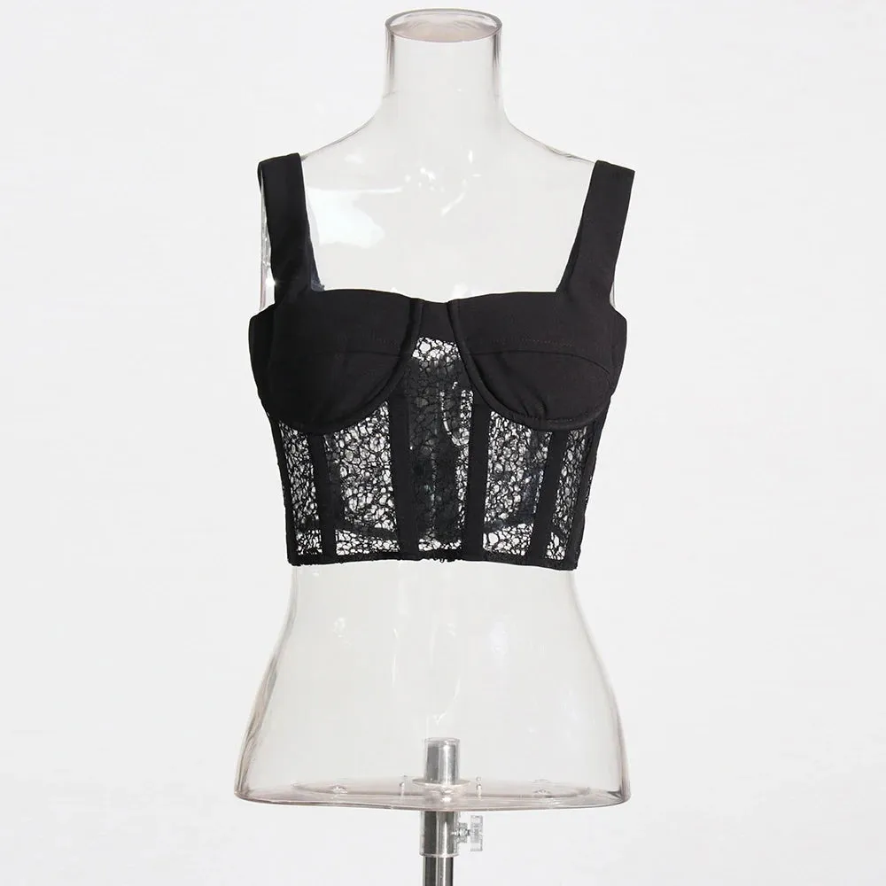 Solid Patchwork Lace Sexy Short Tank Tops For Women Square Collar Sleeveless Off Shoulder Minimalist Slimming Vests Female