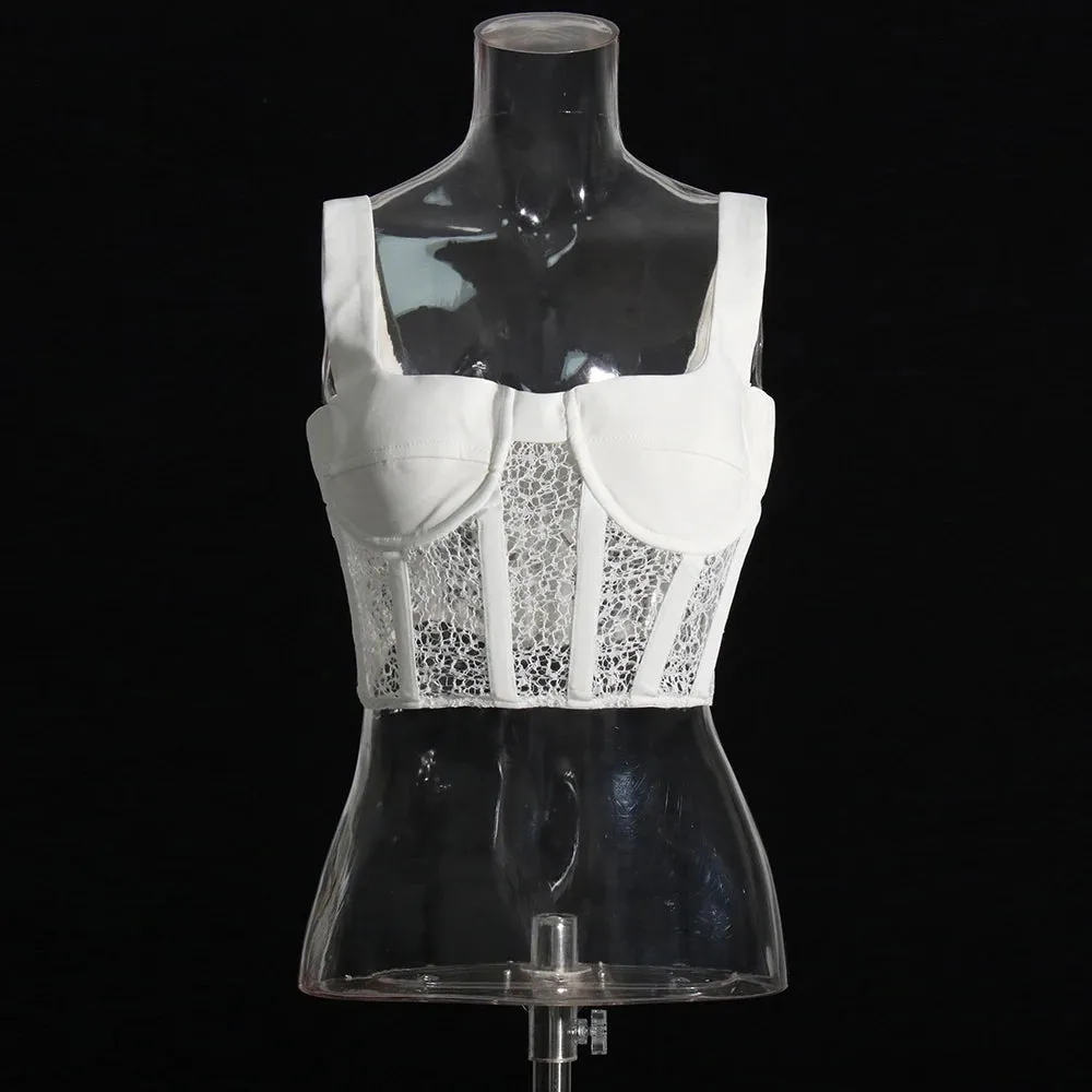 Solid Patchwork Lace Sexy Short Tank Tops For Women Square Collar Sleeveless Off Shoulder Minimalist Slimming Vests Female