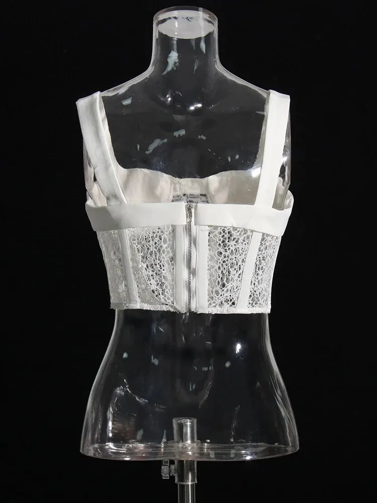 Solid Patchwork Lace Sexy Short Tank Tops For Women Square Collar Sleeveless Off Shoulder Minimalist Slimming Vests Female