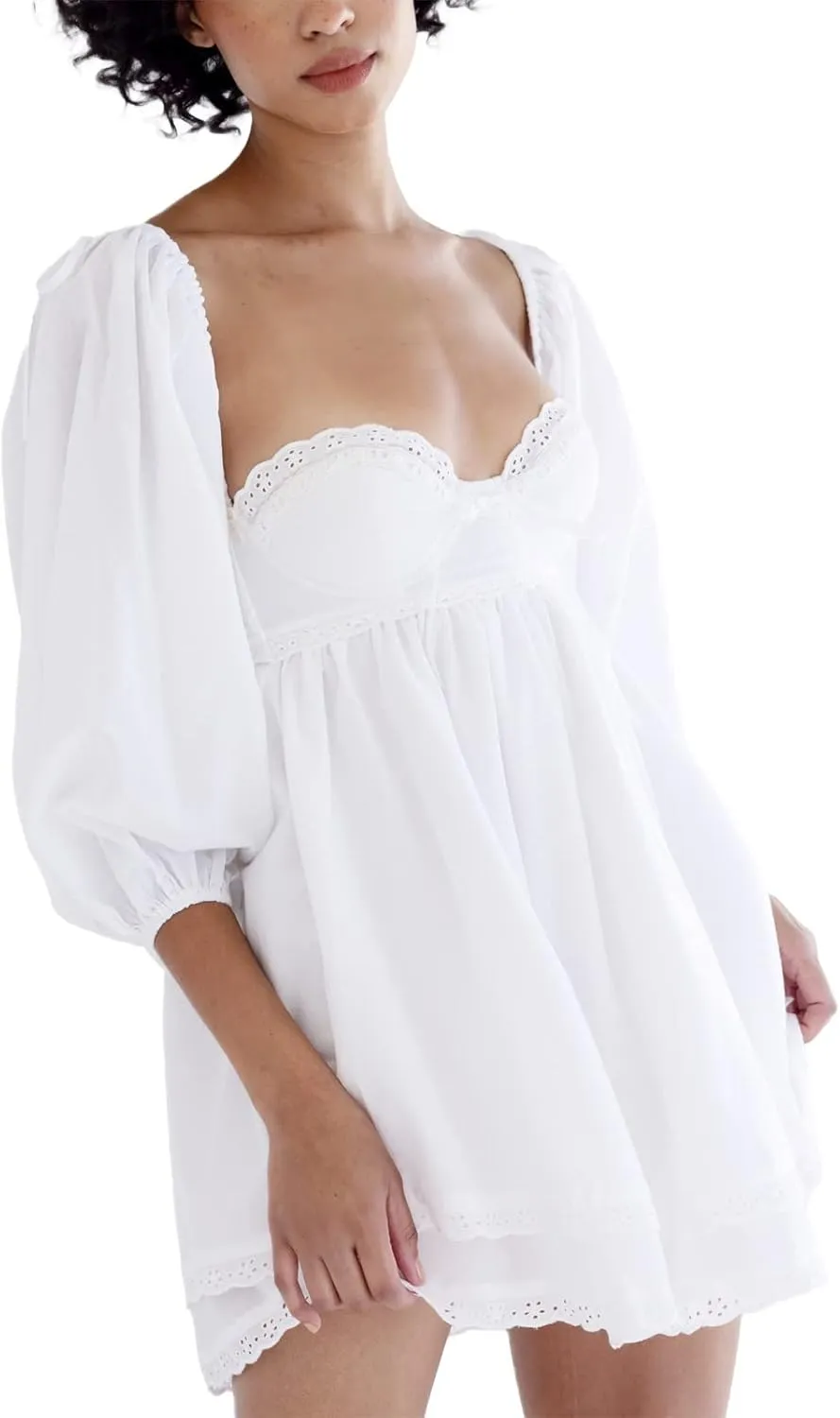 SOLILOQUY Women Off Shoulder Puff Long Sleeve Ruffle Sweetheart Neck Tie Front Flare Mini Dress Sweet Sun Dress