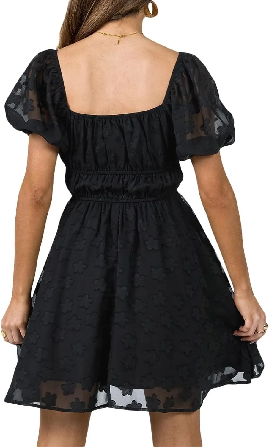 SOLILOQUY Women Off Shoulder Puff Long Sleeve Ruffle Sweetheart Neck Tie Front Flare Mini Dress Sweet Sun Dress