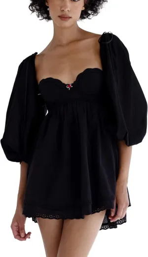 SOLILOQUY Women Off Shoulder Puff Long Sleeve Ruffle Sweetheart Neck Tie Front Flare Mini Dress Sweet Sun Dress