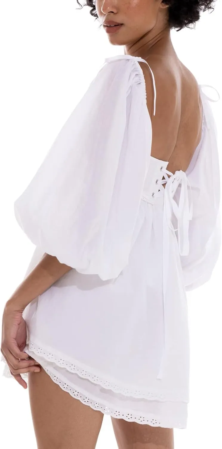SOLILOQUY Women Off Shoulder Puff Long Sleeve Ruffle Sweetheart Neck Tie Front Flare Mini Dress Sweet Sun Dress