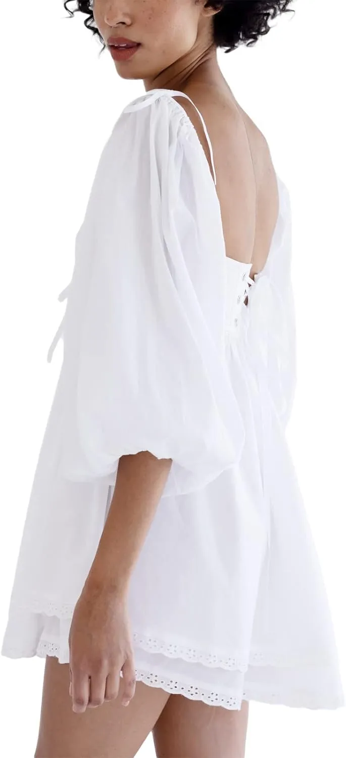 SOLILOQUY Women Off Shoulder Puff Long Sleeve Ruffle Sweetheart Neck Tie Front Flare Mini Dress Sweet Sun Dress
