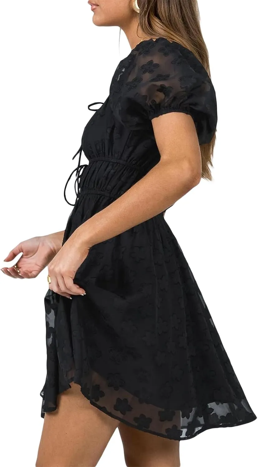SOLILOQUY Women Off Shoulder Puff Long Sleeve Ruffle Sweetheart Neck Tie Front Flare Mini Dress Sweet Sun Dress