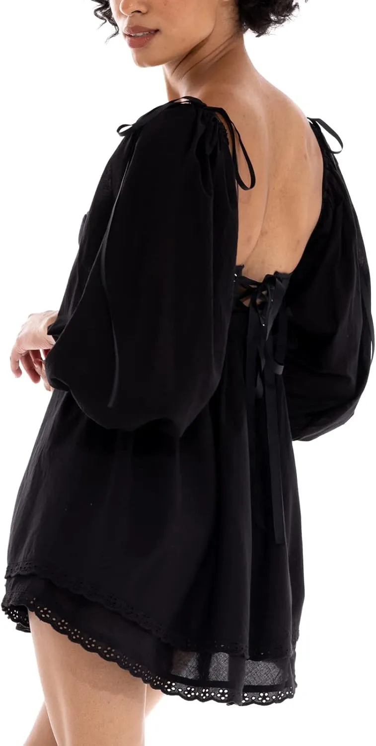 SOLILOQUY Women Off Shoulder Puff Long Sleeve Ruffle Sweetheart Neck Tie Front Flare Mini Dress Sweet Sun Dress