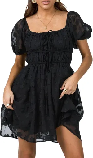 SOLILOQUY Women Off Shoulder Puff Long Sleeve Ruffle Sweetheart Neck Tie Front Flare Mini Dress Sweet Sun Dress