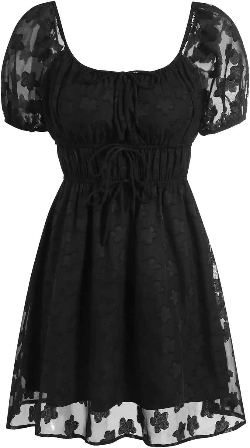 SOLILOQUY Women Off Shoulder Puff Long Sleeve Ruffle Sweetheart Neck Tie Front Flare Mini Dress Sweet Sun Dress