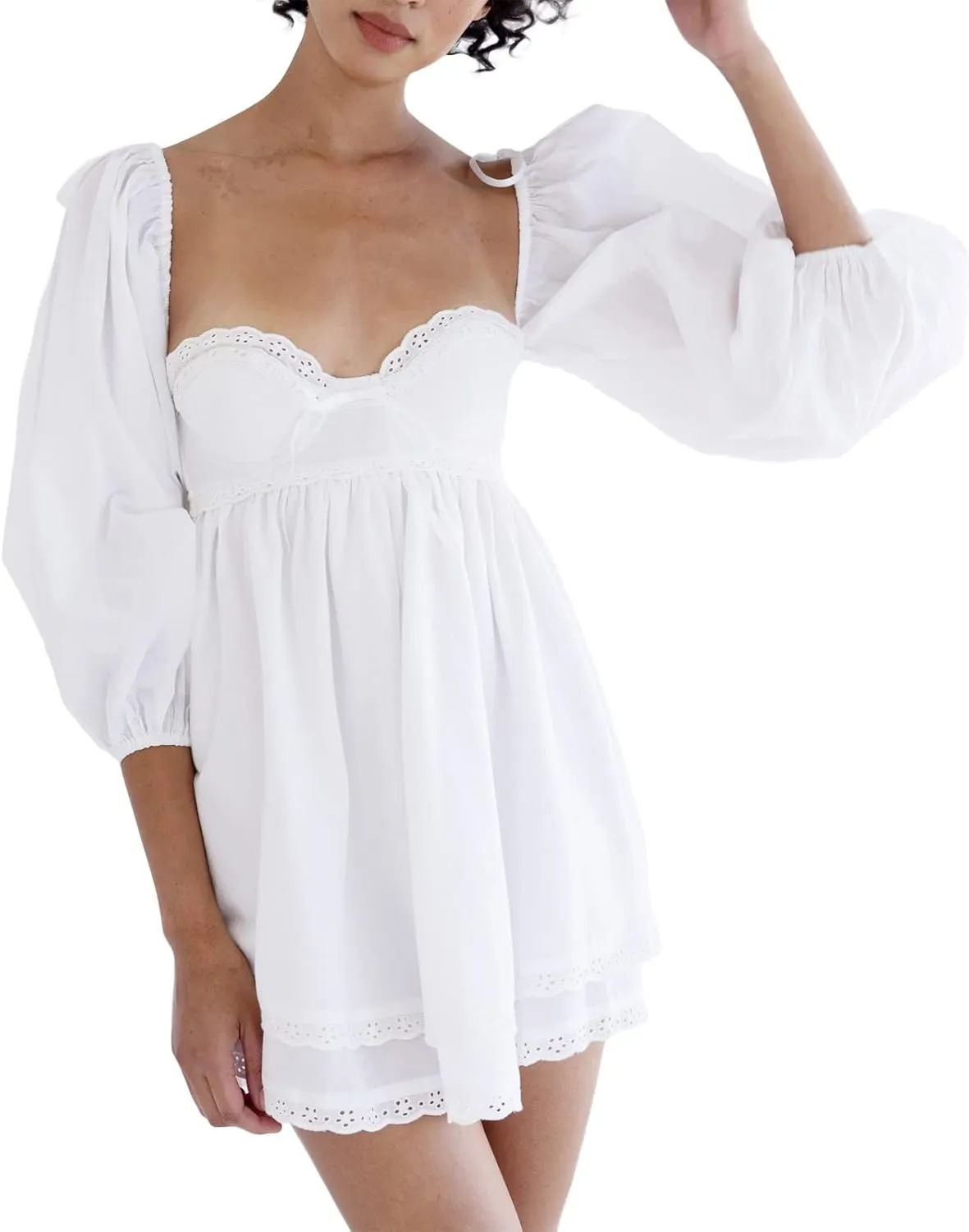SOLILOQUY Women Off Shoulder Puff Long Sleeve Ruffle Sweetheart Neck Tie Front Flare Mini Dress Sweet Sun Dress