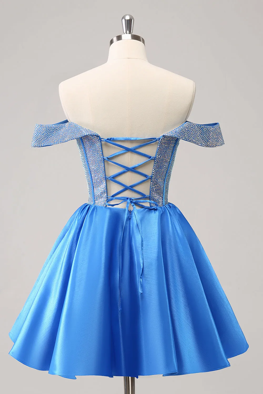 Sparkly Blue A-Line Off the Shoulder Beaded Satin Mini Dress