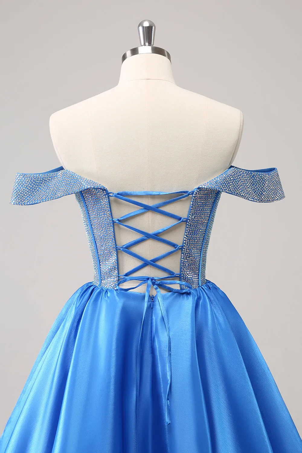 Sparkly Blue A-Line Off the Shoulder Beaded Satin Mini Dress