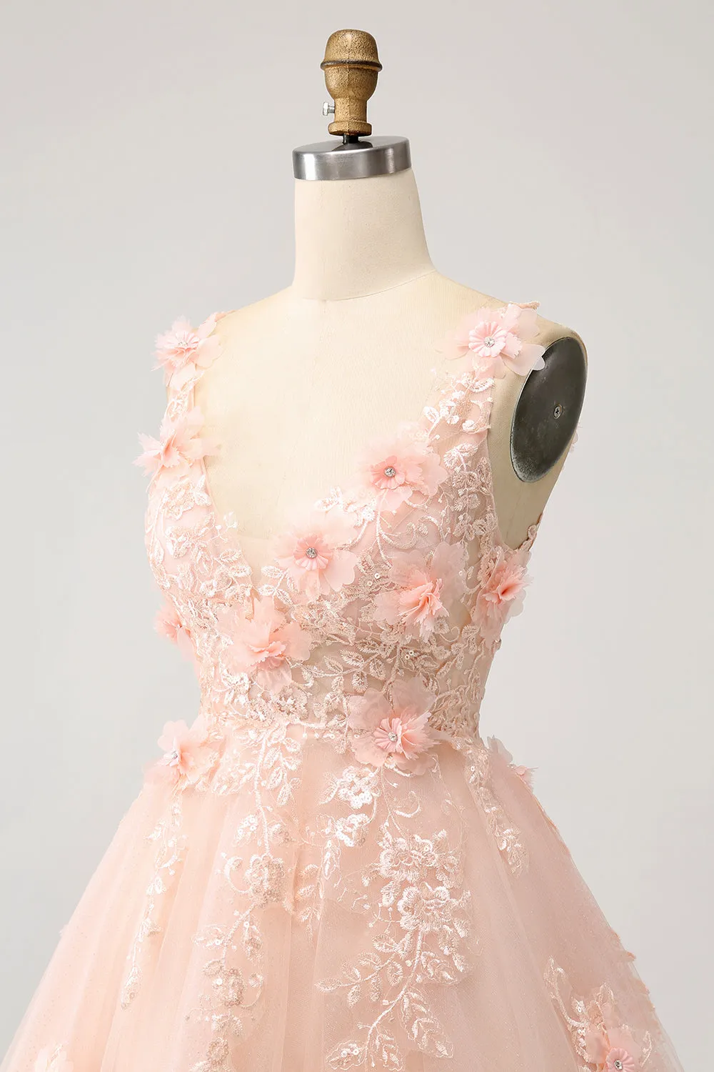 Sparkly Blush A Line V Neck Sequin Mini Dress with 3D Flowers