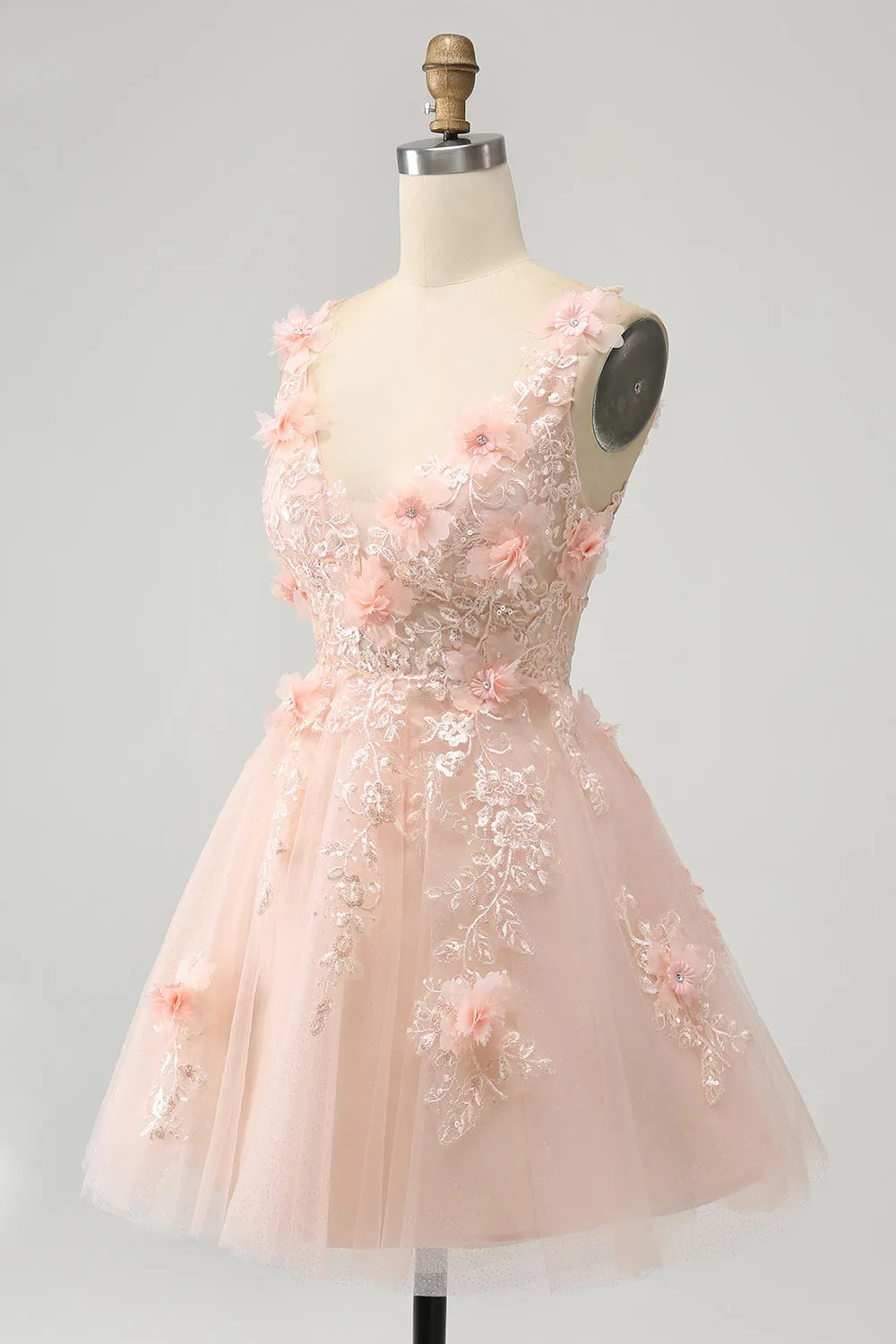 Sparkly Blush A Line V Neck Sequin Mini Dress with 3D Flowers