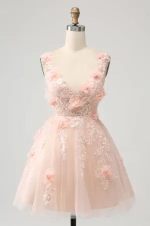 Sparkly Blush A Line V Neck Sequin Mini Dress with 3D Flowers