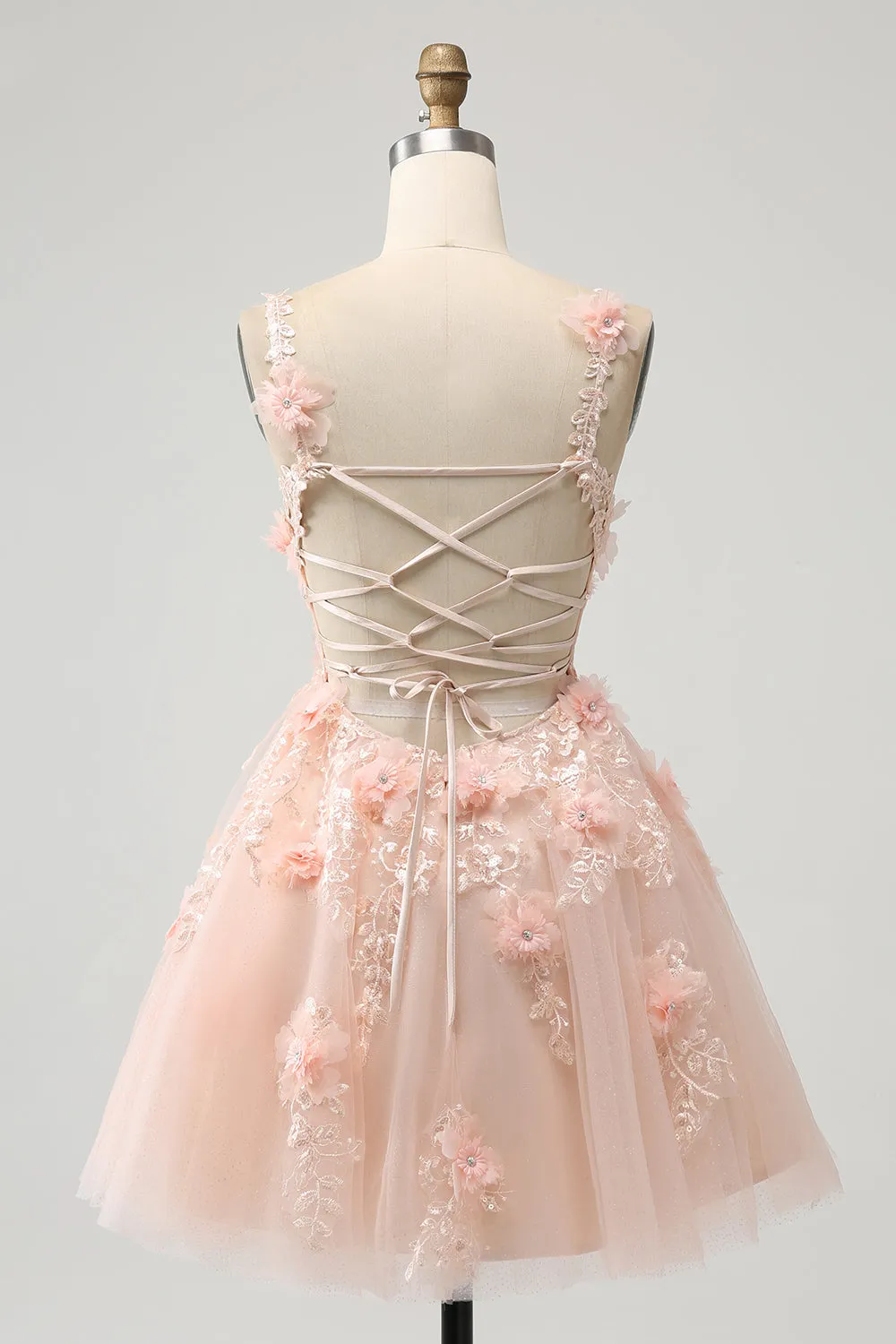 Sparkly Blush A Line V Neck Sequin Mini Dress with 3D Flowers