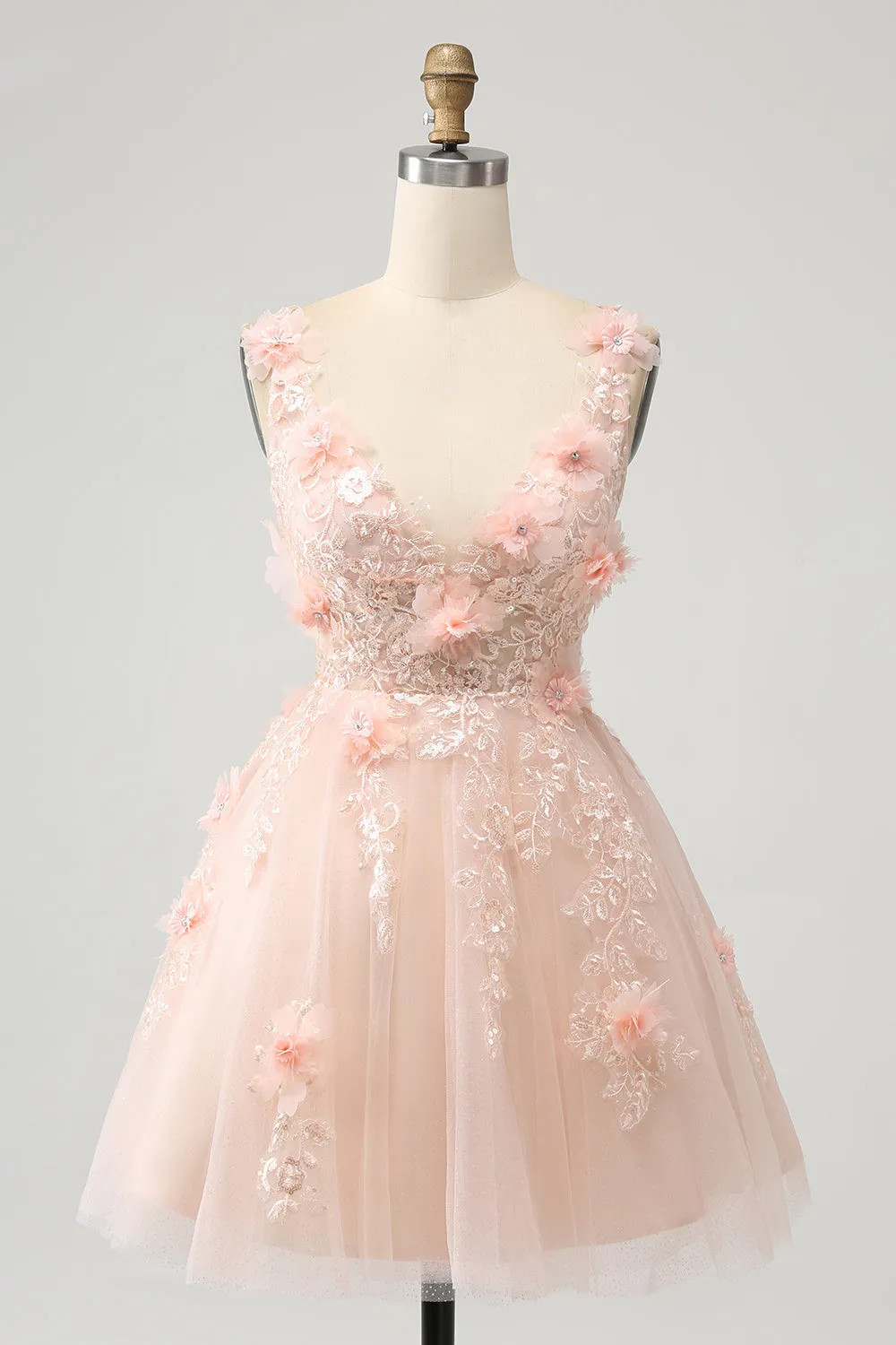 Sparkly Blush A Line V Neck Sequin Mini Dress with 3D Flowers