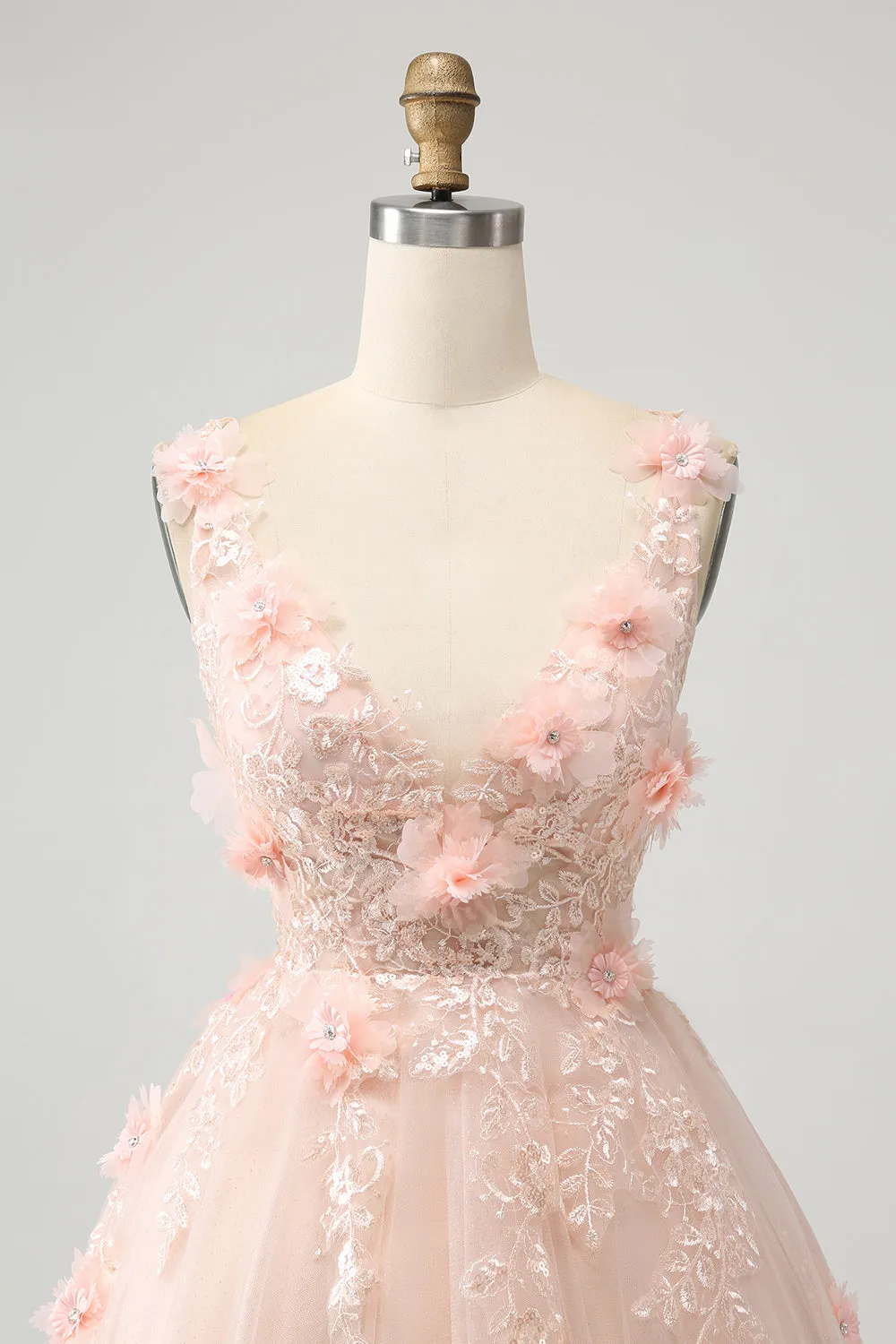 Sparkly Blush A Line V Neck Sequin Mini Dress with 3D Flowers