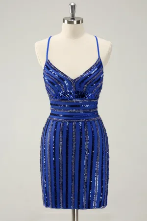 Sparkly Royal Blue Tight Sequined Spaghetti Straps Mini Dress