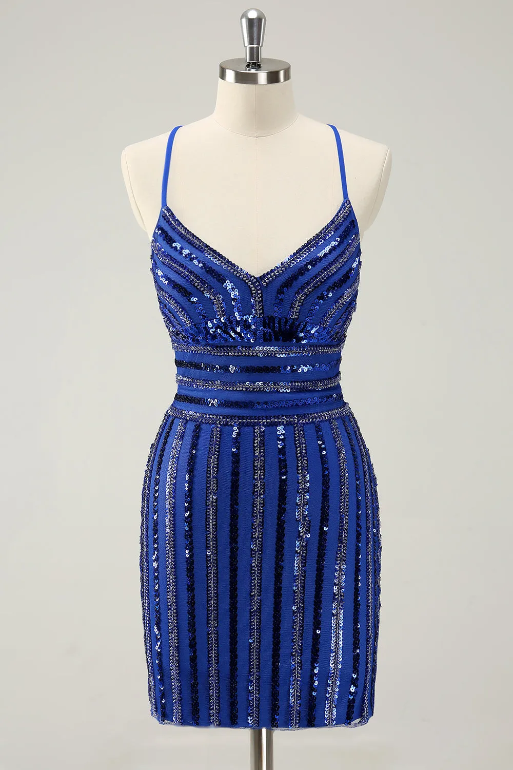 Sparkly Royal Blue Tight Sequined Spaghetti Straps Mini Dress