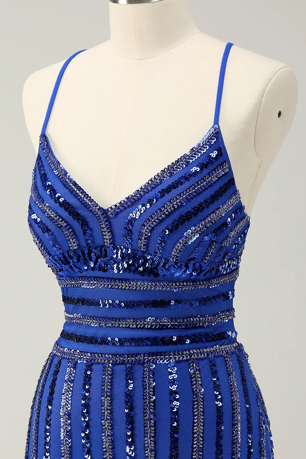 Sparkly Royal Blue Tight Sequined Spaghetti Straps Mini Dress