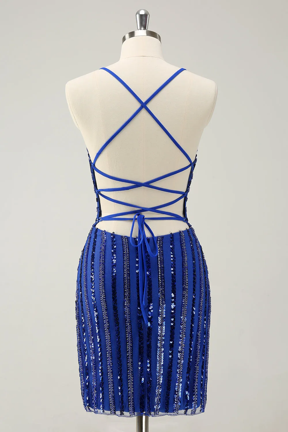 Sparkly Royal Blue Tight Sequined Spaghetti Straps Mini Dress
