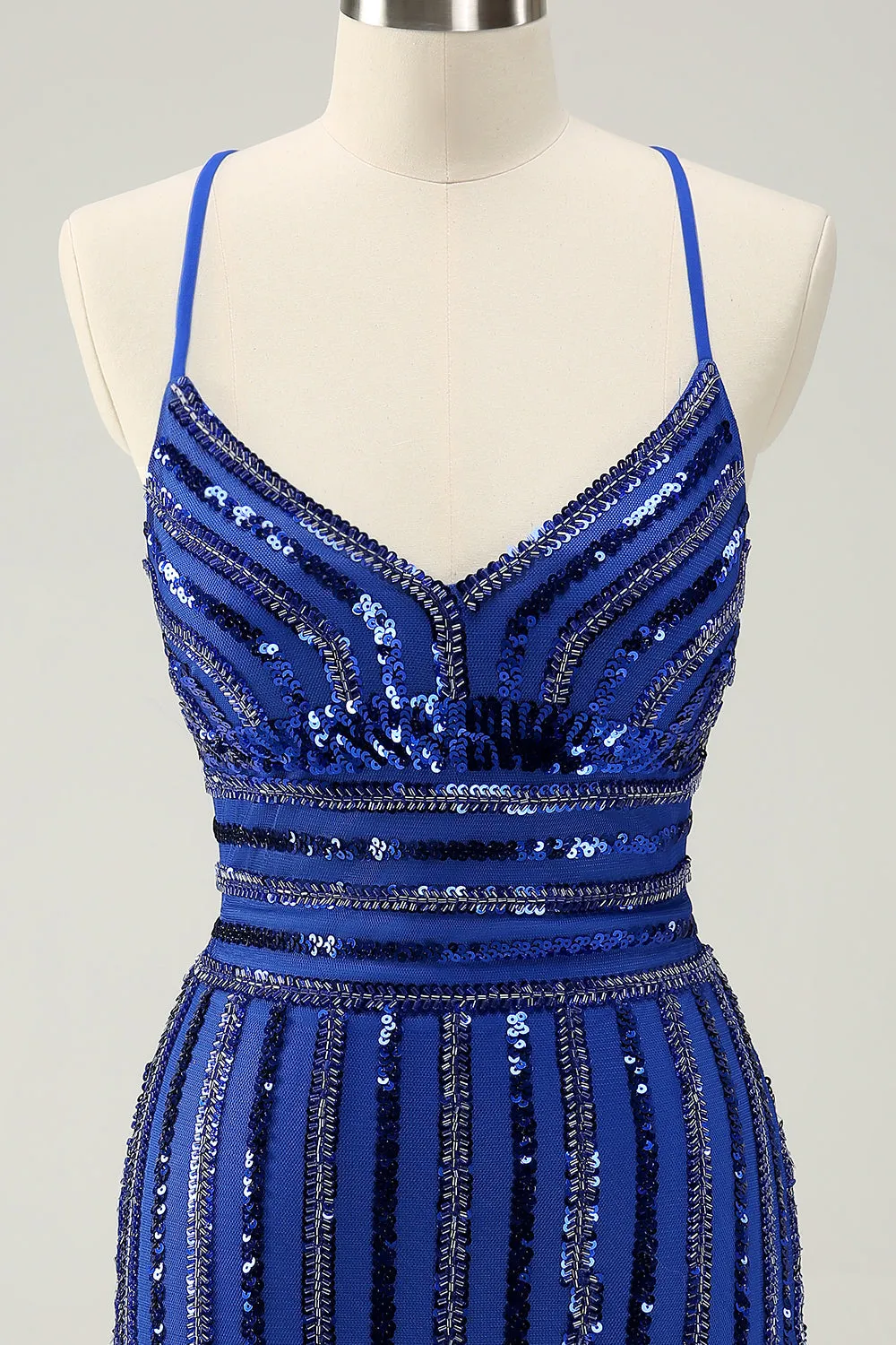 Sparkly Royal Blue Tight Sequined Spaghetti Straps Mini Dress