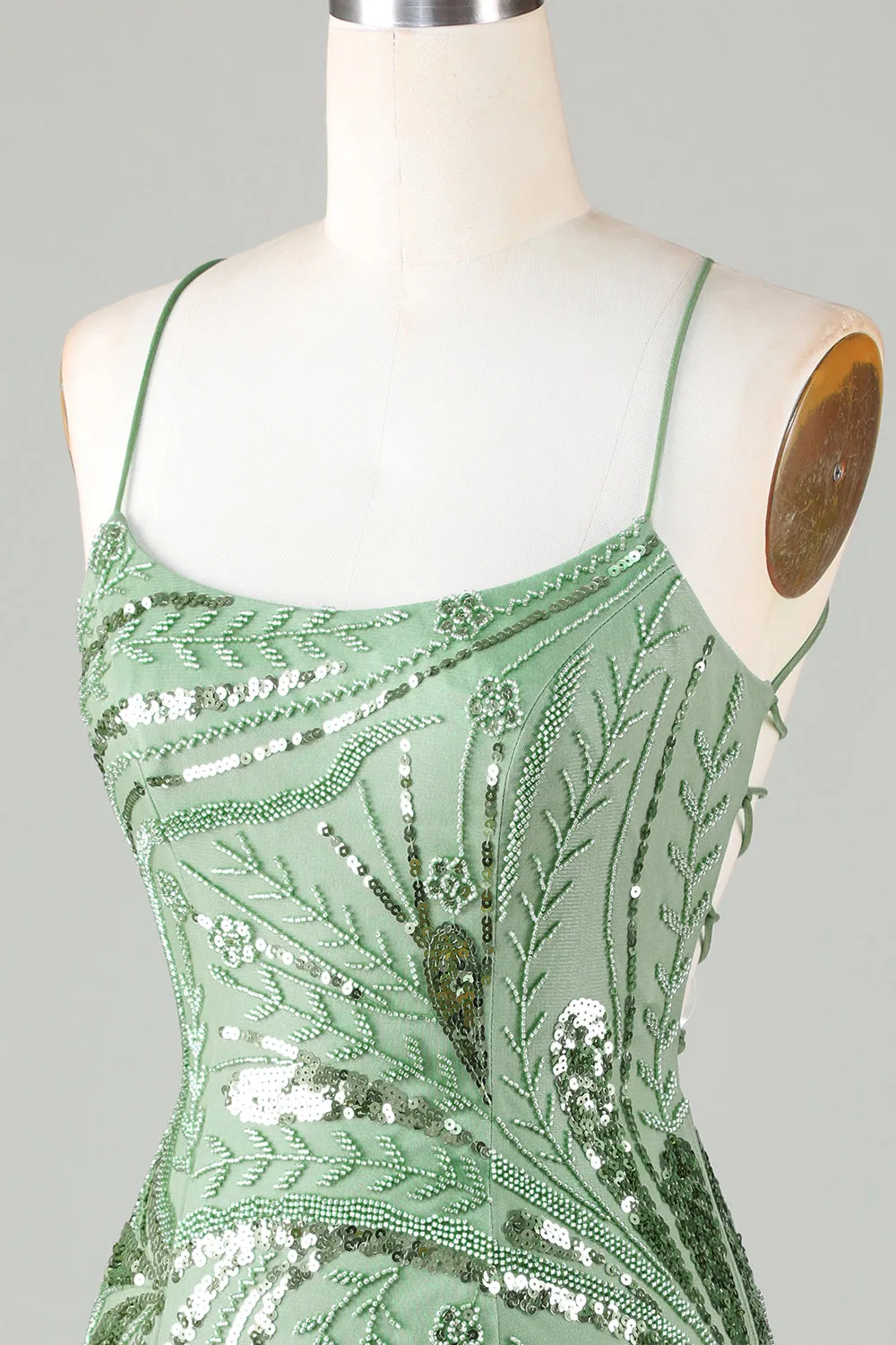 Sparkly Sheath Spaghetti Straps Green Mini Dress with Criss Cross Back