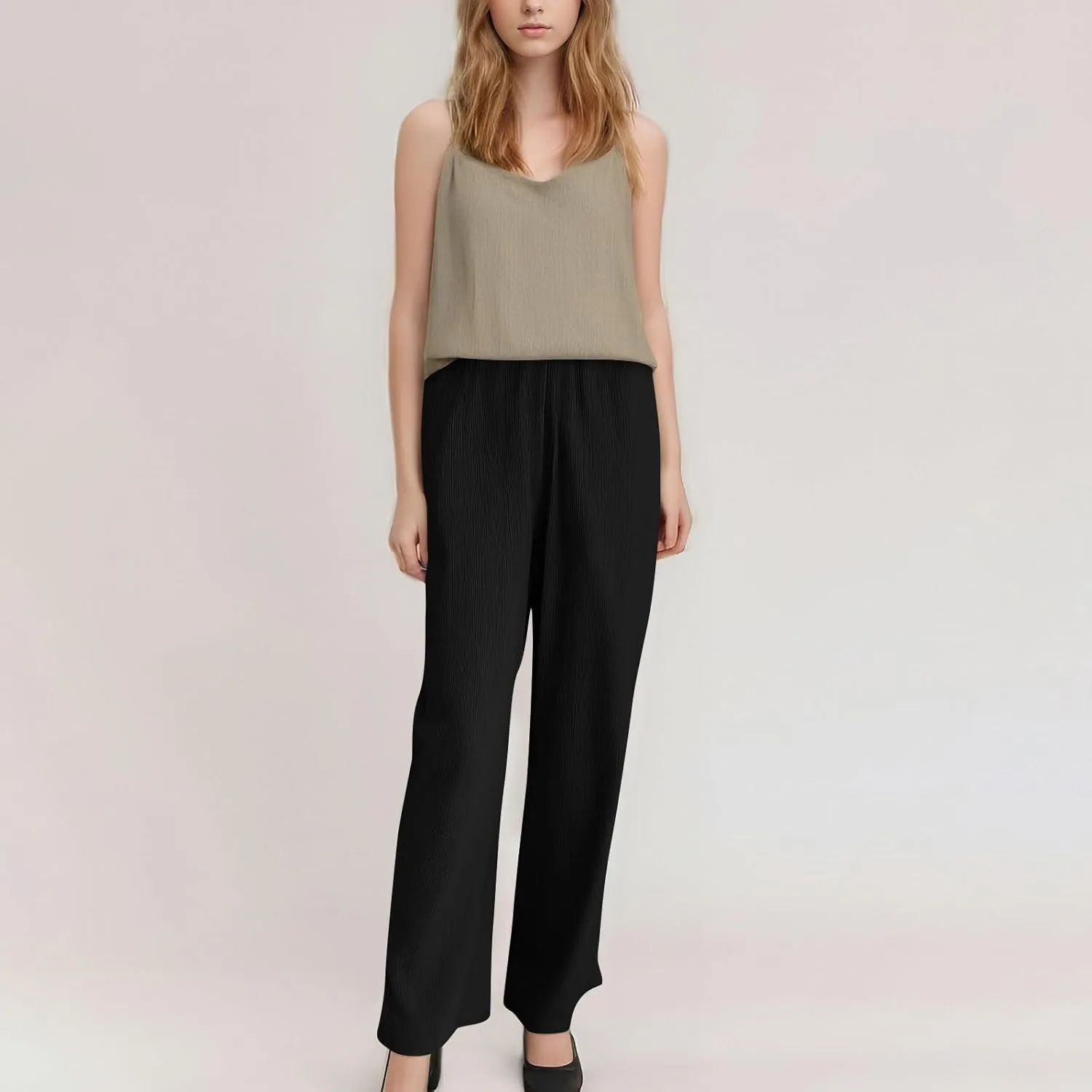 Summer Casual Pants for Women Linen Lightweight Wide Leg Elastic Waist Palazzo Pants Trendy Straight Outfit with Pockets