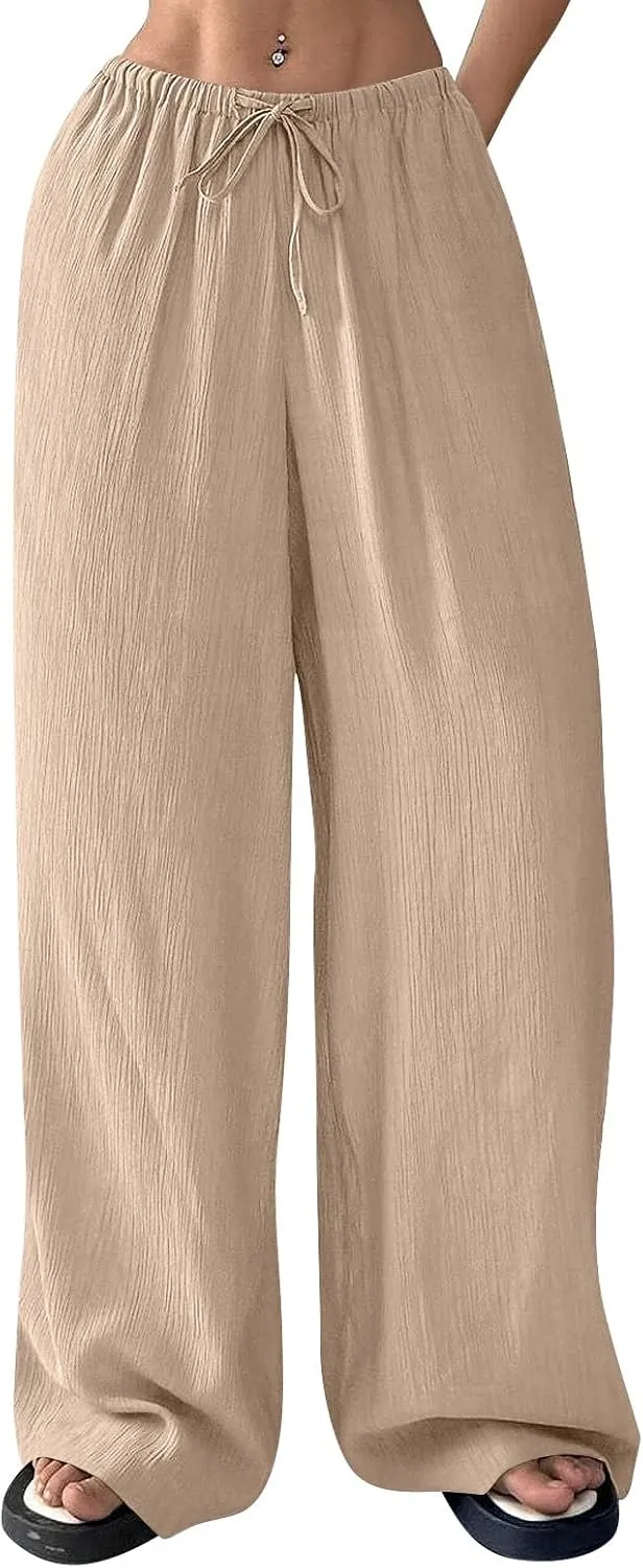 Summer Casual Pants for Women Linen Lightweight Wide Leg Elastic Waist Palazzo Pants Trendy Straight Outfit with Pockets