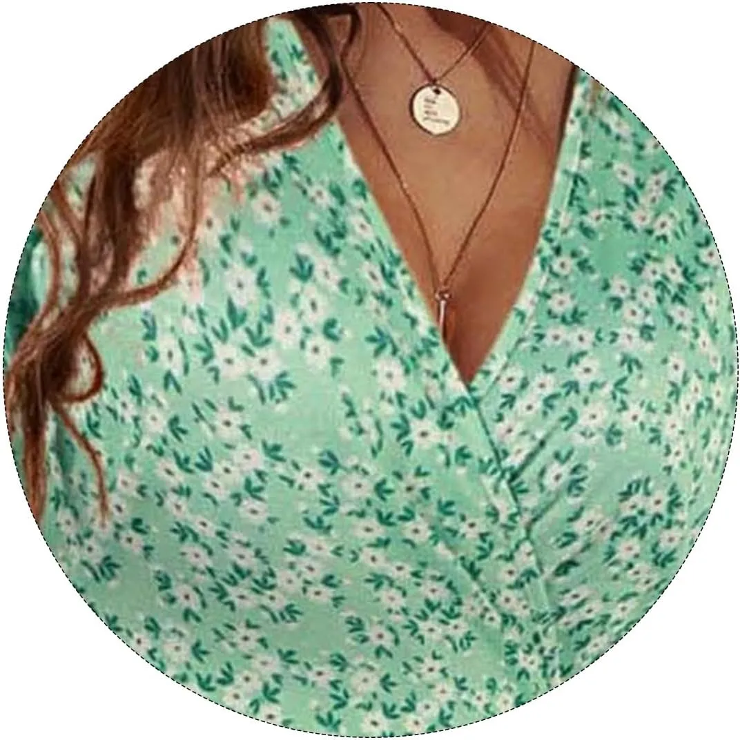 Summer Dresses for Women Trendy Floral Ruffle Sleeve Mini Dresses V Neck Bodycon Tunic Sundress Flowy Beach Dress