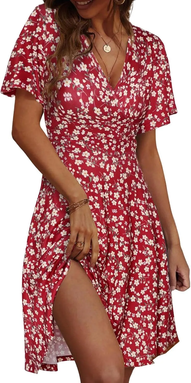 Summer Dresses for Women Trendy Floral Ruffle Sleeve Mini Dresses V Neck Bodycon Tunic Sundress Flowy Beach Dress