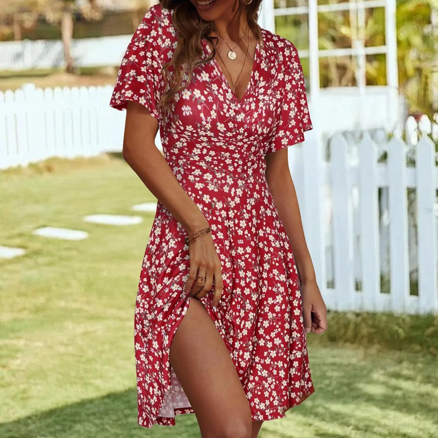 Summer Dresses for Women Trendy Floral Ruffle Sleeve Mini Dresses V Neck Bodycon Tunic Sundress Flowy Beach Dress