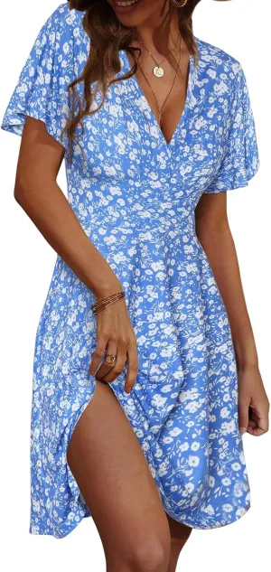 Summer Dresses for Women Trendy Floral Ruffle Sleeve Mini Dresses V Neck Bodycon Tunic Sundress Flowy Beach Dress