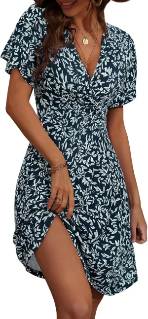 Summer Dresses for Women Trendy Floral Ruffle Sleeve Mini Dresses V Neck Bodycon Tunic Sundress Flowy Beach Dress