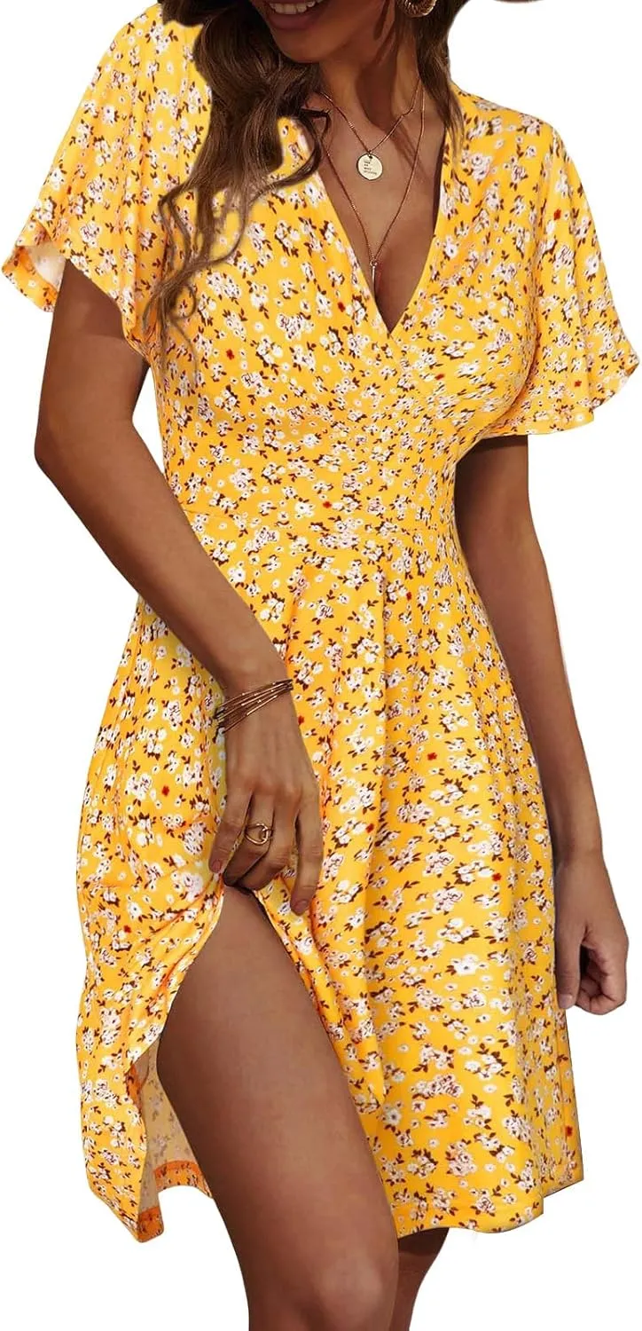 Summer Dresses for Women Trendy Floral Ruffle Sleeve Mini Dresses V Neck Bodycon Tunic Sundress Flowy Beach Dress
