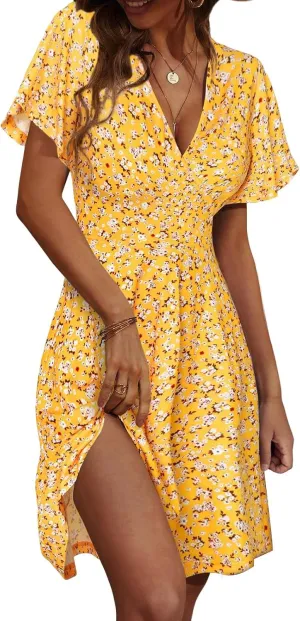 Summer Dresses for Women Trendy Floral Ruffle Sleeve Mini Dresses V Neck Bodycon Tunic Sundress Flowy Beach Dress