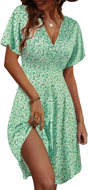 Summer Dresses for Women Trendy Floral Ruffle Sleeve Mini Dresses V Neck Bodycon Tunic Sundress Flowy Beach Dress