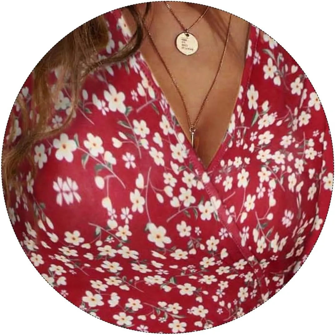 Summer Dresses for Women Trendy Floral Ruffle Sleeve Mini Dresses V Neck Bodycon Tunic Sundress Flowy Beach Dress