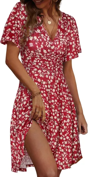 Summer Dresses for Women Trendy Floral Ruffle Sleeve Mini Dresses V Neck Bodycon Tunic Sundress Flowy Beach Dress