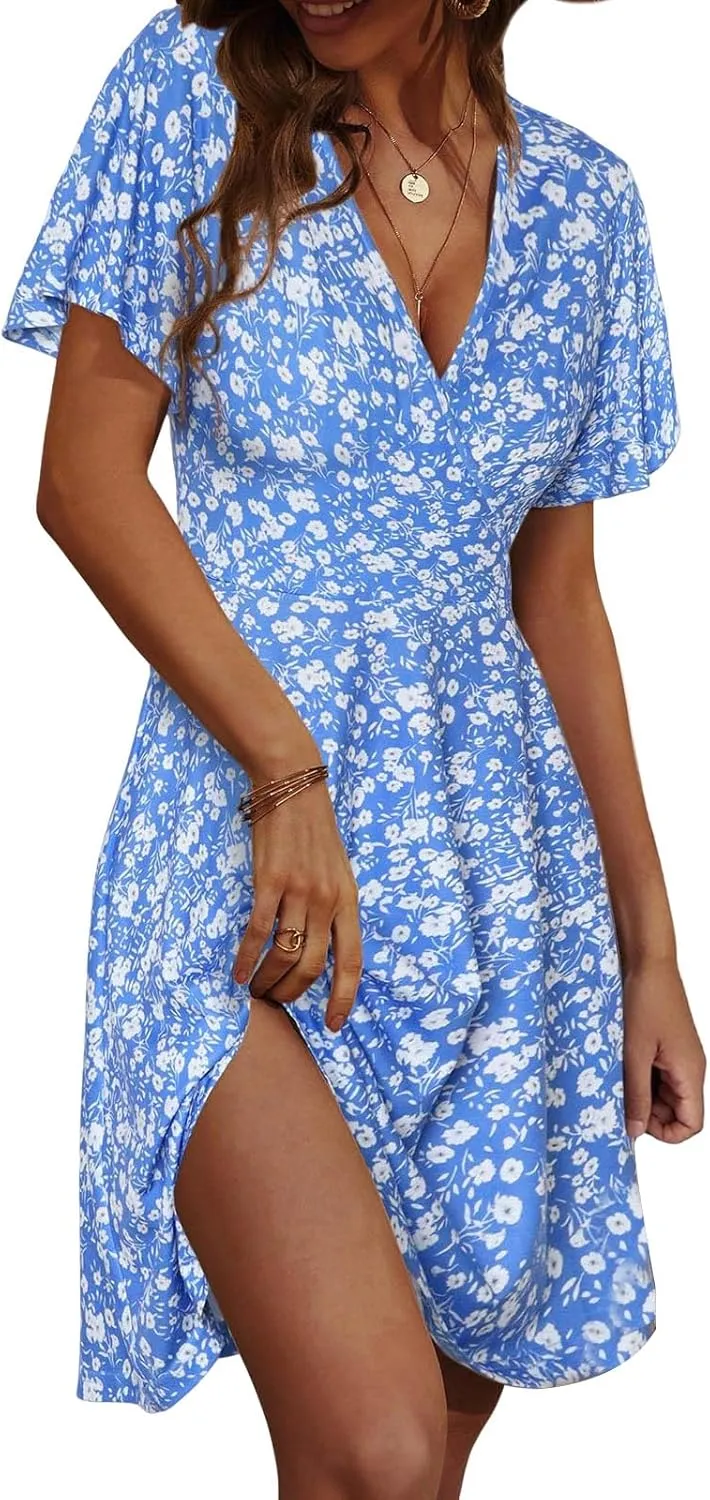 Summer Dresses for Women Trendy Floral Ruffle Sleeve Mini Dresses V Neck Bodycon Tunic Sundress Flowy Beach Dress