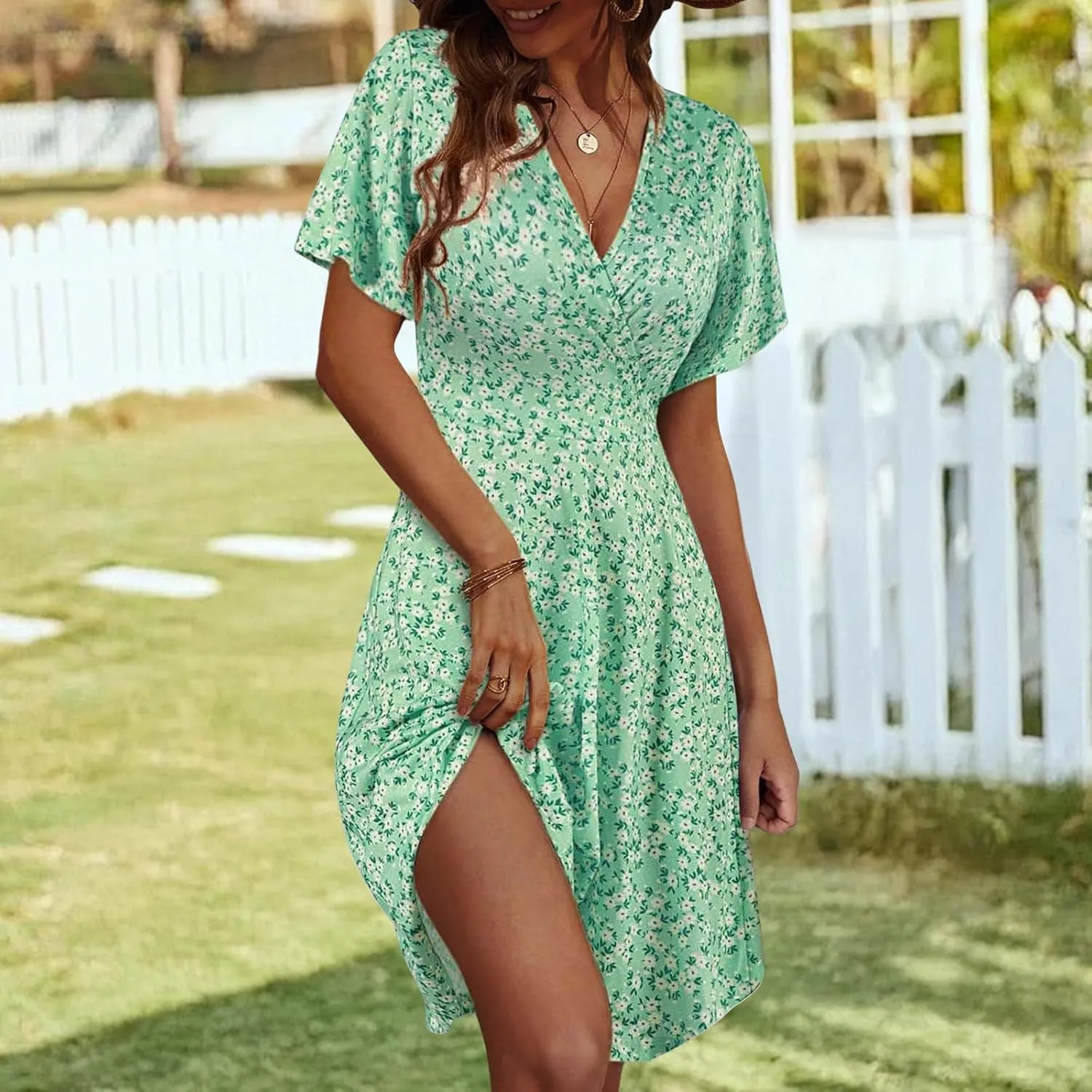 Summer Dresses for Women Trendy Floral Ruffle Sleeve Mini Dresses V Neck Bodycon Tunic Sundress Flowy Beach Dress
