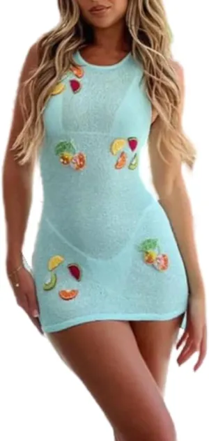Summer Knitted Starfish Sequin Mini Dresses Boho Backless Sleeveless Beach Short Dress Ruffle Hem Bodycon Tank Dress